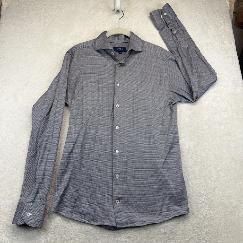 Eton Slim Fit Dress Shirt Men's 15.5 39 Medium Blue Houndstooth Check